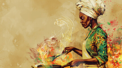 Fototapeta premium Abstract painting of a woman cooking with vibrant colors and swirling patterns, culinary art concept