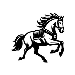 black and white logo of a running horse wearing a vest