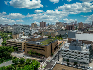 Fototapeta premium Aerial view of the University of Baltimore campus in downtown Baltimore with Law and Phycology buildings 