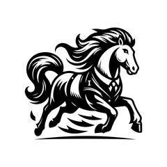 black and white logo of a running horse wearing a vest