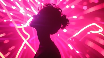 A dramatic silhouette of a woman with curly hair, illuminated by vibrant neon light bursts and abstract shapes, creating a futuristic, surreal composition.