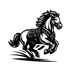 black and white logo of a running horse wearing a vest