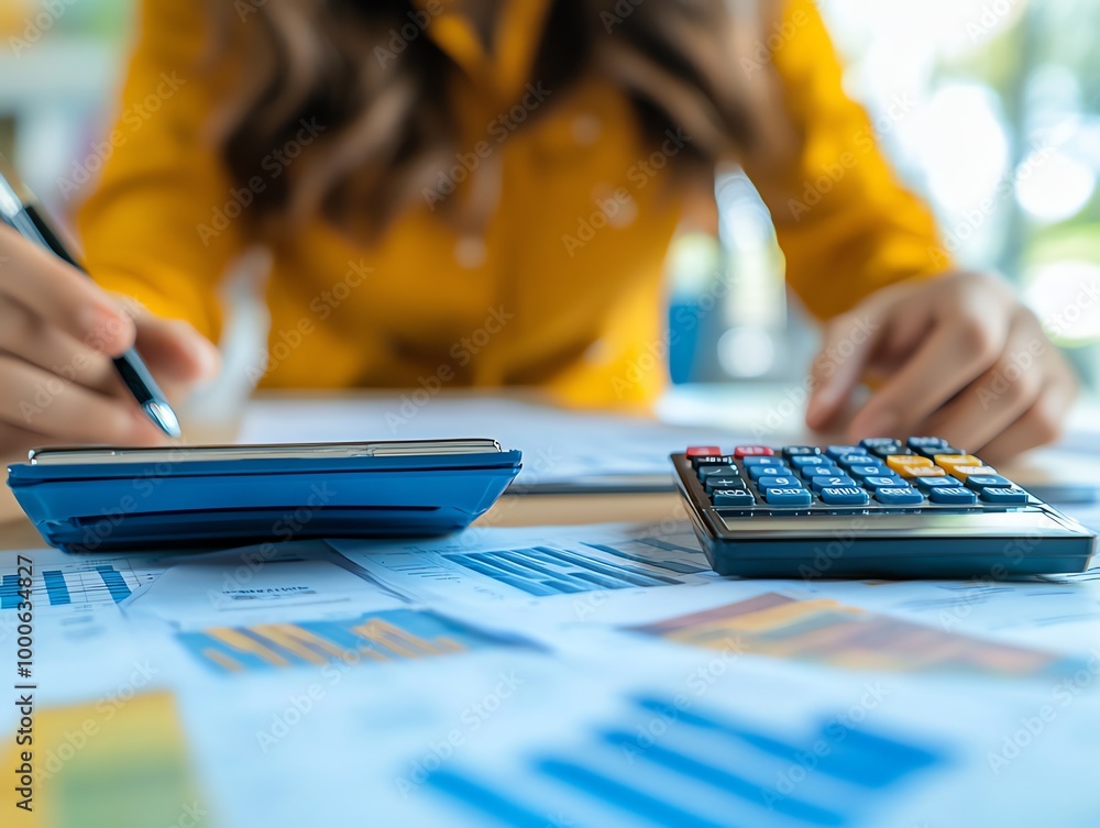 Poster close-up of a woman's hands using a calculator and pen to analyze financial data and charts on a des