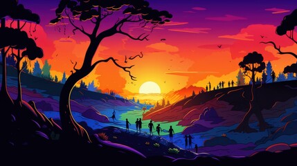 Naklejka premium Silhouette of People Watching the Sunset over a Colorful Landscape