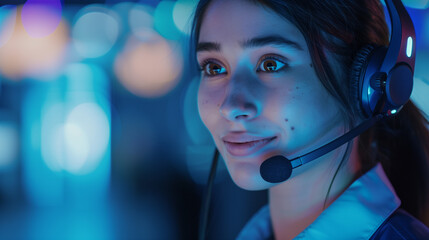 Friendly female customer service representative wearing a headset in a modern office setting