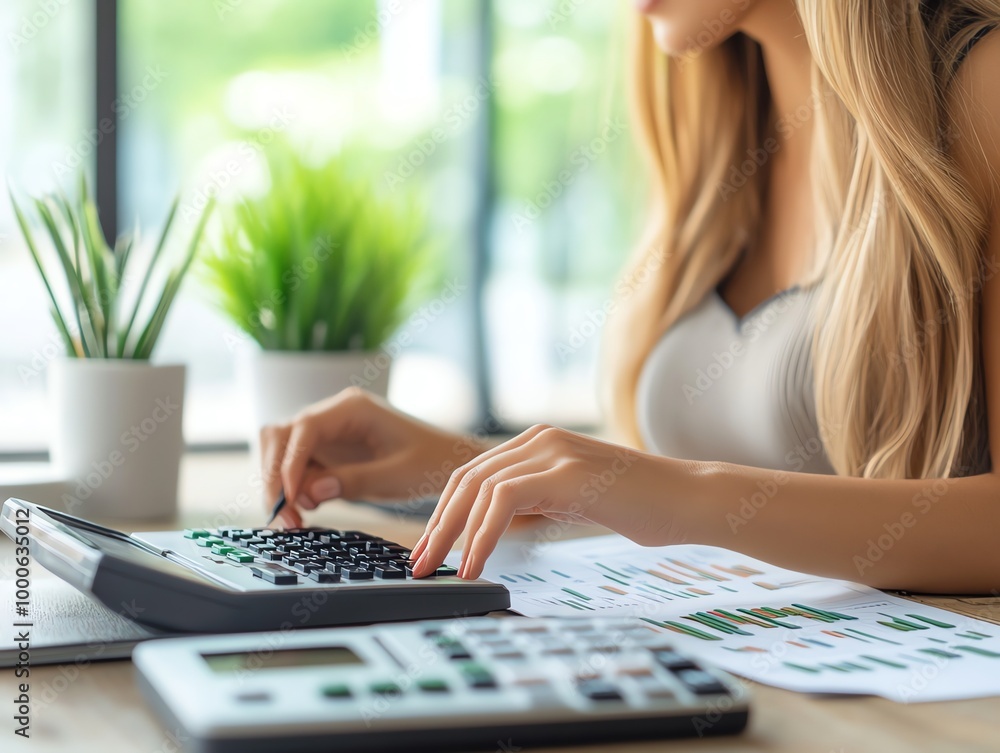 Poster closeup of a woman's hands using a calculator while looking at documents at a desk.