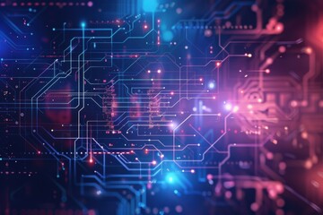Futuristic Digital Circuit Board with Neon Glow and Data Particles in Cyberpunk Style Abstract Technology Background