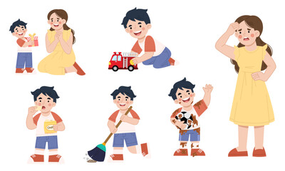 Vector illustration of little boy activities set