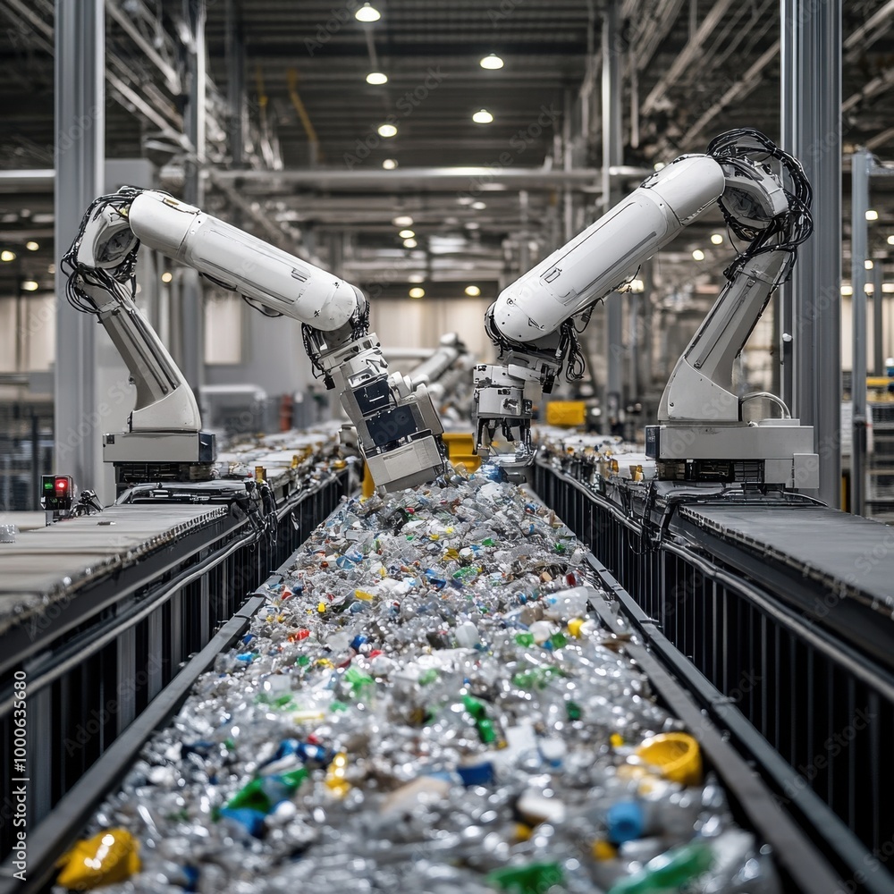 Poster automated robots sorting waste in a recycling facility, modern technology in action.