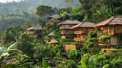 Obraz premium Stunning Bamboo Huts Nestled in Lush Tropical Jungle Landscape of Remote Mountain Village