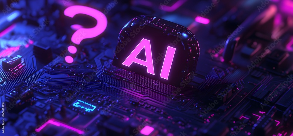 Aufkleber an icon of an ai head with the letters ai on it, and in front is circuitry. the background is purple
