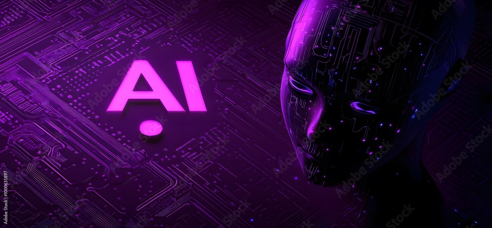 Poster an icon of an ai head with the letters ai on it, and in front is circuitry. the background is purple