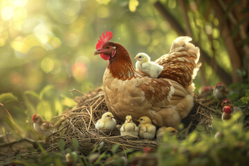  Beautiful mother hen with baby chicks in a lush natural setting