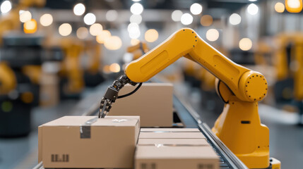 Industrial robot arm handling boxes in a warehouse setting.