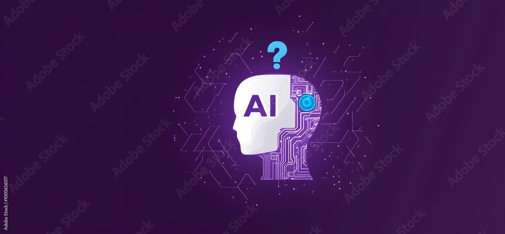 Poster an icon of an ai head with the letters ai on it, and in front is circuitry. the background is purple