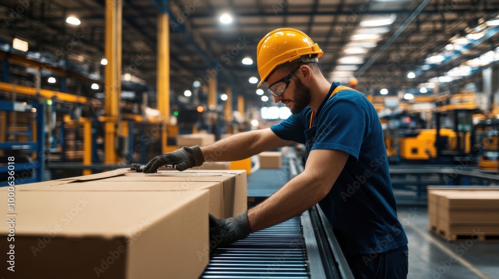 Poster worker on production line with conveyor system