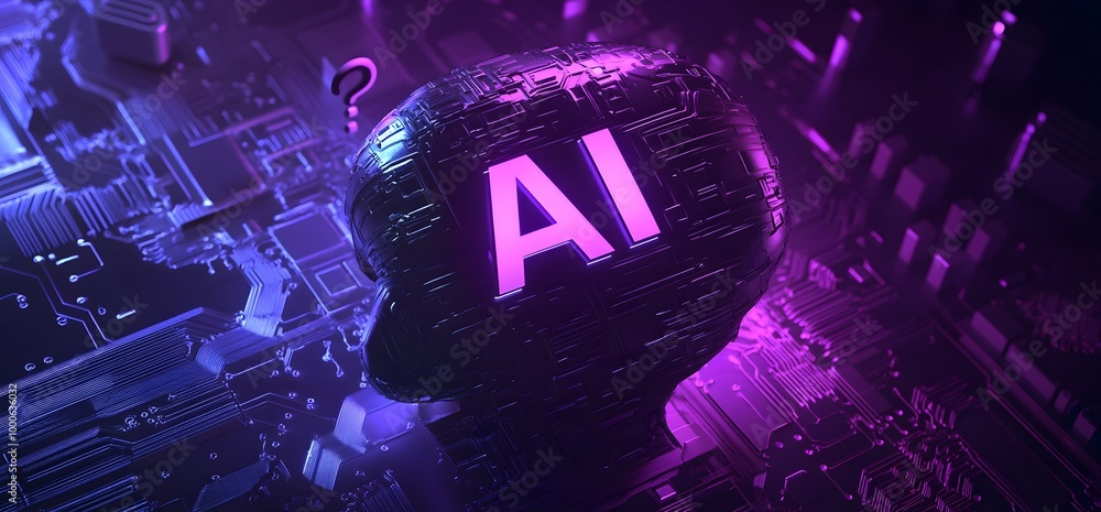 Aufkleber an icon of an ai head with the letters ai on it, and in front is circuitry. the background is purple