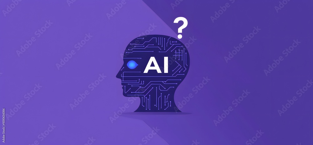 Aufkleber an icon of an ai head with the letters ai on it, and in front is circuitry. the background is purple