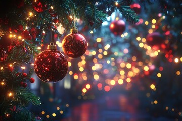 Close-up of red Christmas ornaments hanging on a decorated fir tree branch with glowing lights in the background.