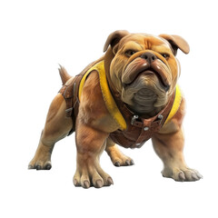 A tough-looking brown bulldog wearing a yellow leather vest.