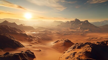 Naklejka premium 5. A mesmerizing depiction of a rocky planet featuring a dramatic desert scene, combining rugged mountains and vast sand dunes, all under the glow of a distant sun