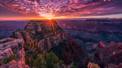 Fototapeta premium Mountain cliff edge overlooking epic canyon landscape at sunrise with beautiful colorful sky and clouds