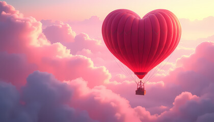 Obraz premium Red heart-shaped hot air balloon floating gracefully in dreamy pink clouds