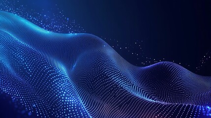 Abstract blue wave of glowing particles on dark blue background.