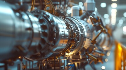 A detailed view of large-scale industrial machinery featuring metallic and high-tech components. The modern facility setting and focus on the intricate parts make this image ideal for concepts related