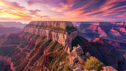 Mountain cliff edge overlooking epic canyon landscape at sunrise with beautiful colorful sky and clouds