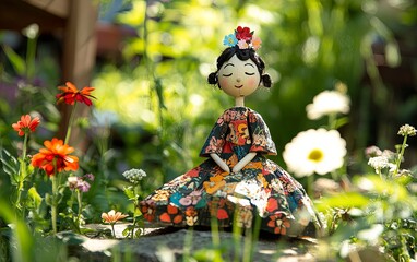 A whimsical doll sits among vibrant flowers, embodying joy and creativity in a serene garden setting.