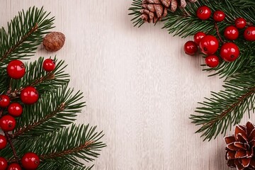 White new year background, pine with red berries, green tree