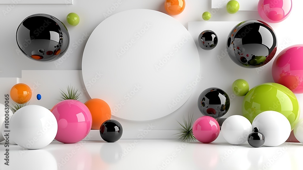 Poster abstract colorful spheres hover against a pristine white backdrop, dynamic in their arrangement.