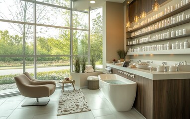 A serene spa interior featuring a modern bathtub, shelves of products, and large windows overlooking greenery.