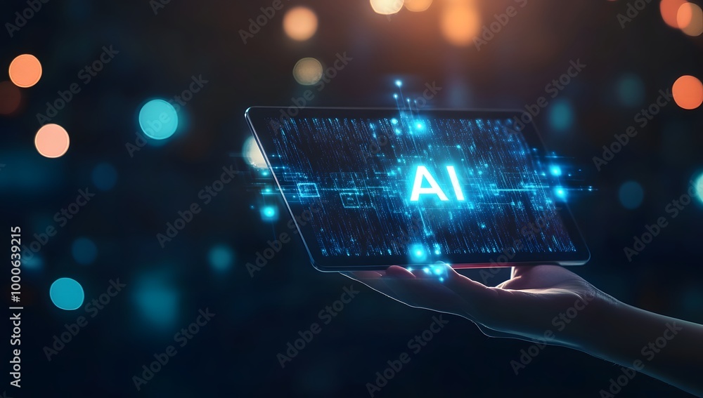 Aufkleber digital hand holding a tablet with glowing text ai on a dark background, a digital technology concep