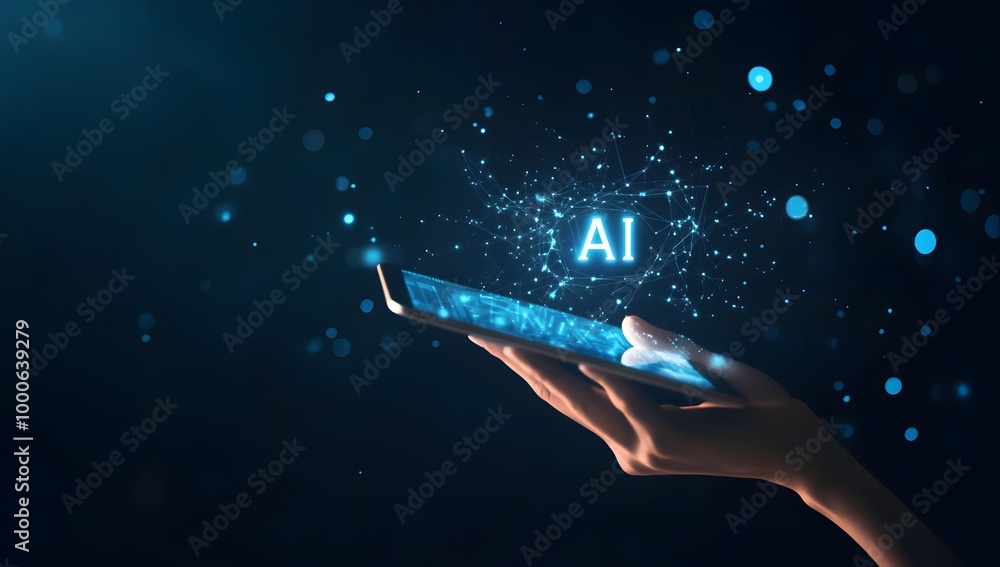 Poster digital hand holding a tablet with glowing text ai on a dark background, a digital technology concep