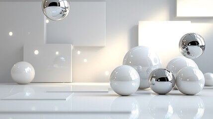 White and silver spheres elegantly compose a minimalist, abstract design.