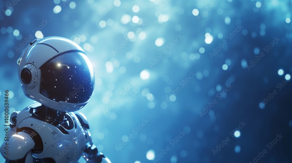 Poster a futuristic robot in a space-themed environment, illuminated by glowing abstract lights. the robot'