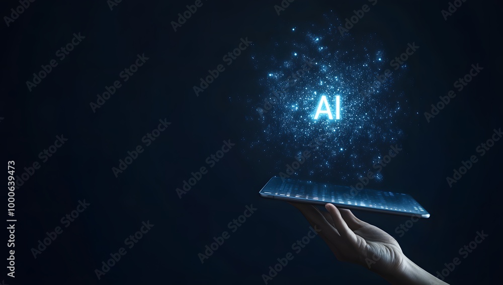 Aufkleber digital hand holding a tablet with glowing text ai on a dark background, a digital technology concep