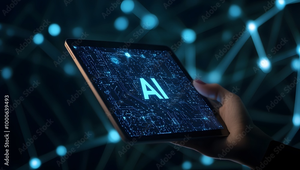 Aufkleber digital hand holding a tablet with glowing text ai on a dark background, a digital technology concep