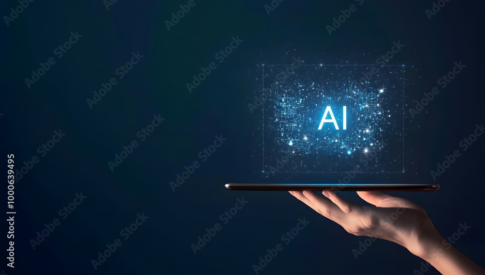 Poster digital hand holding a tablet with glowing text ai on a dark background, a digital technology concep