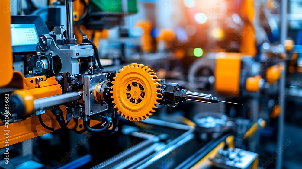 Poster close-up view of industrial automation reveals gears and a robot arm working in unison.