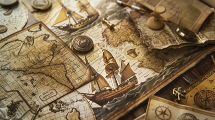 Fototapeta premium Vintage Columbus Day Poster with Historical Ships, Maps, and Artifacts for Local History Exhibit