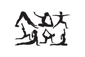 Set of Female gymnastic yoga in silhouette.