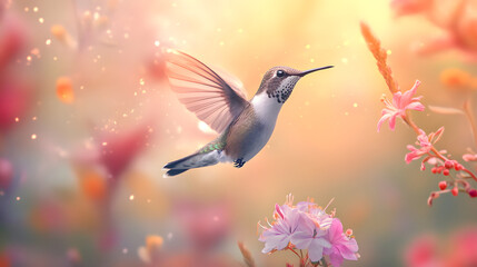 Fototapeta premium Hummingbird Hovering in Mid Air Among Flowers