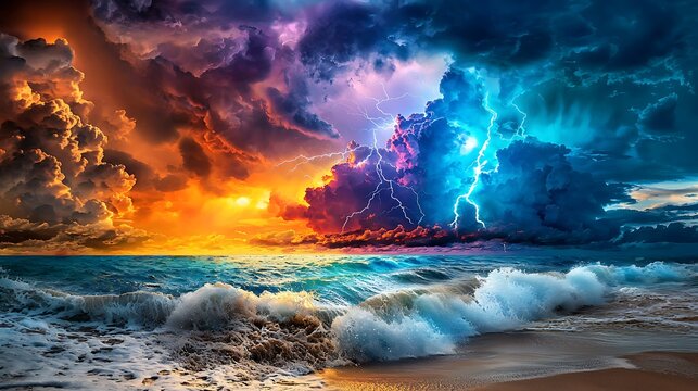 A dramatic seascape unfolds, with a fiery sunset split by lightning above roaring ocean waves.
