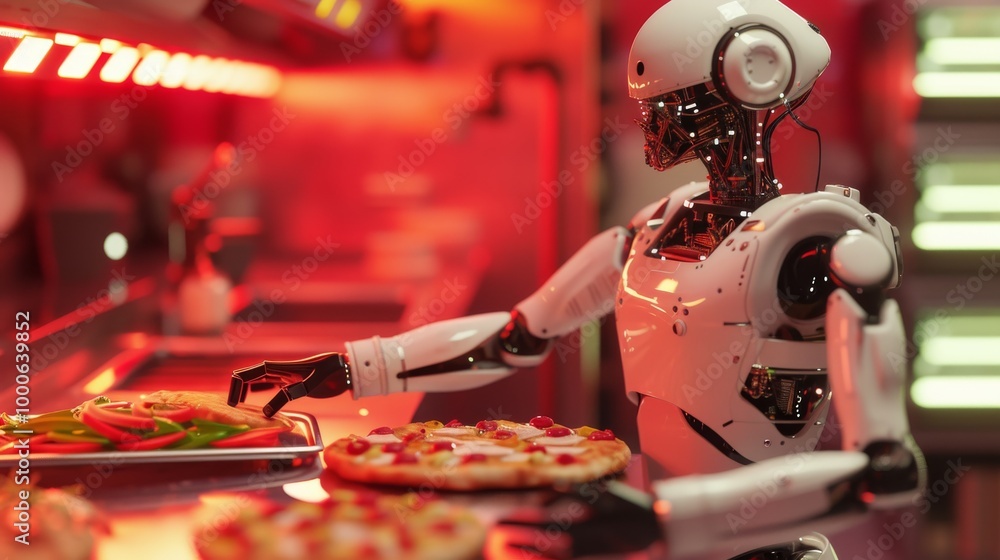 Poster a robot chef in a high-tech kitchen, assembling pizzas with precision. the scene is bathed in red li