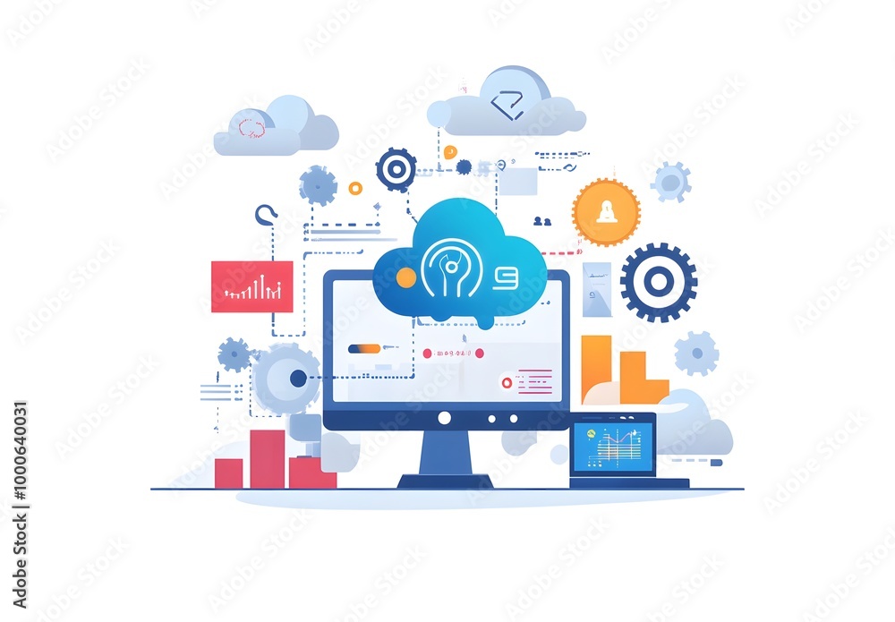 Poster illustration of an ai software platform with computers, gears, and clouds on a white background.