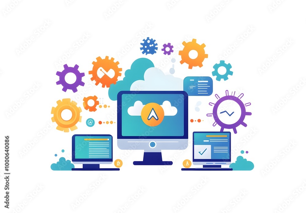 Poster illustration of an ai software platform with computers, gears, and clouds on a white background.