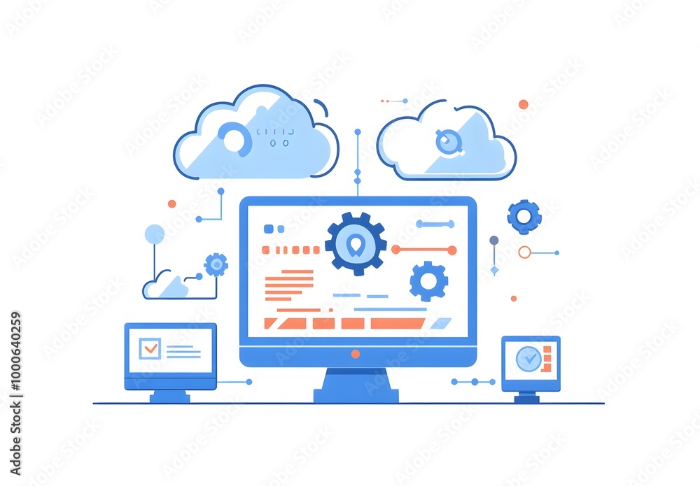 Poster illustration of an ai software platform with computers, gears, and clouds on a white background.